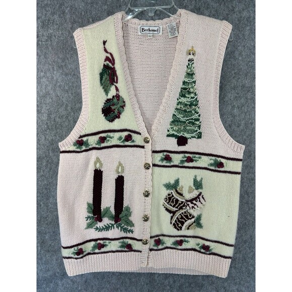 Vintage Bechamel Christmas Hand Knit Cardigan Sweater Embroidered Pink Tree - Picture 1 of 13